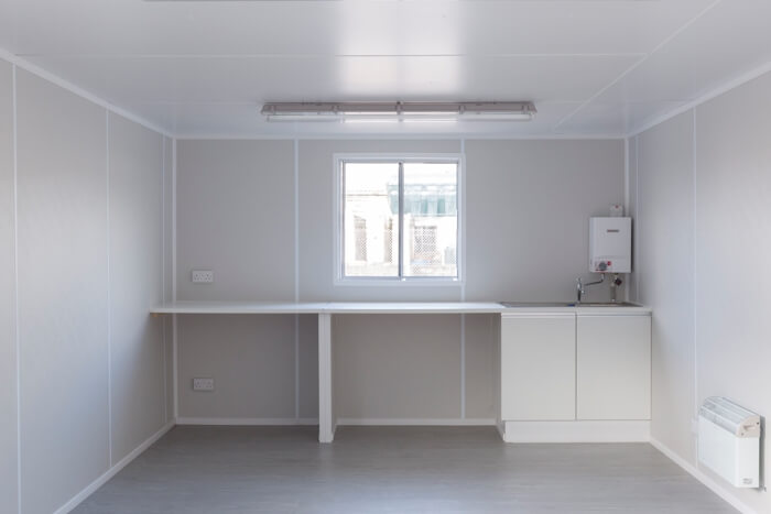Container building kitchen area unfurnished