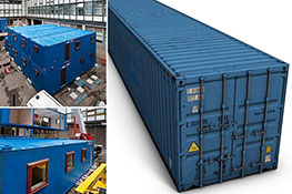 three images, two of purpose built container buildings and one of a normal shipping container