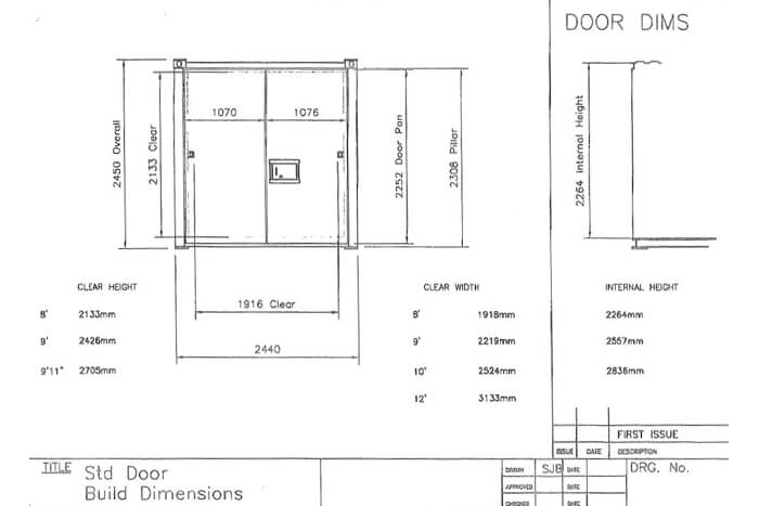 Architectual plan showing standard door build dimensions