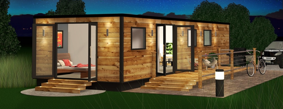 Container housing unit clad in wood